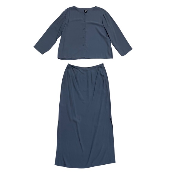 Eileen Fisher Dresses & Skirts - Eileen Fisher Silk 2 Piece Set Blouse Maxi Skirt Blue Gray M S office workwear